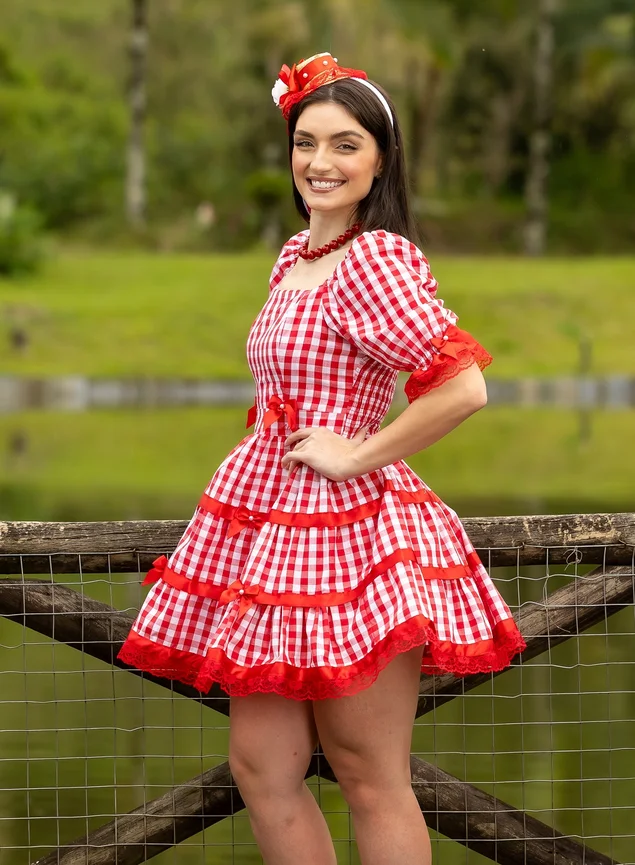 Festas Juninas Figurino Caipira Feminino Vestido Xadrez Roupas De