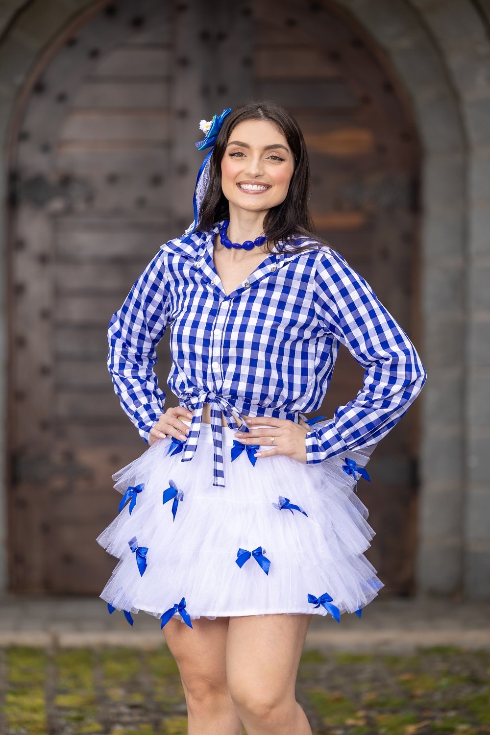 Conjunto Junino Xadrex Azul Saia Tule Branca Maria Cecília