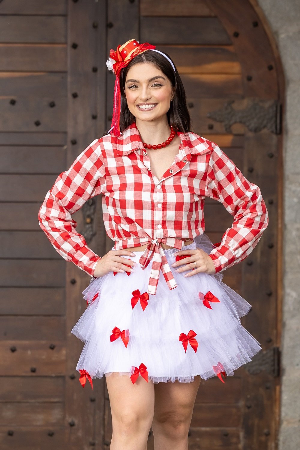 Cetim Saia De Caipira Adulto Conjunto Junino Xadrex Vermelho Saia