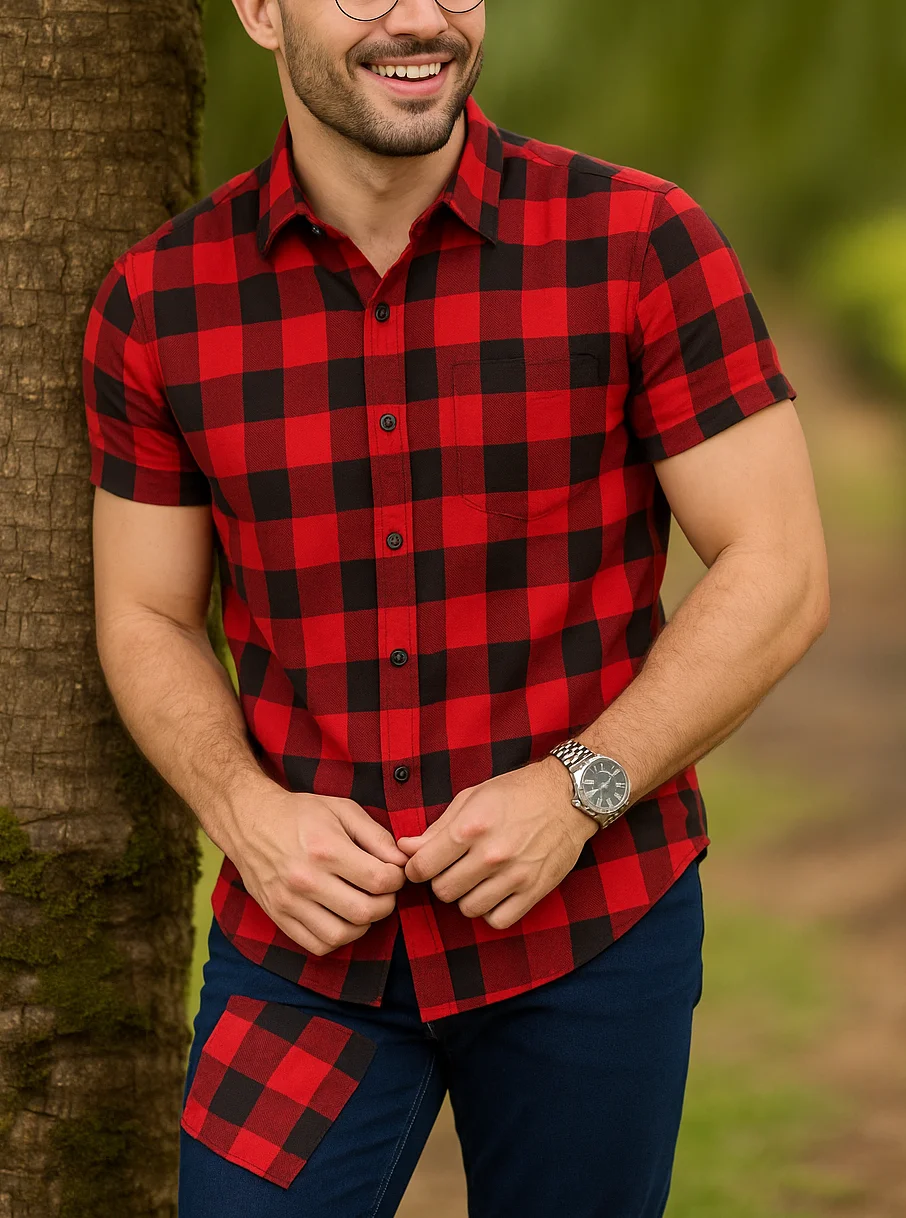 Camisa Xadrez Vermelha e Preta (grande) com Botões Manga Curta