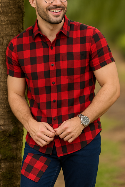 Camisa Xadrez Vermelha e Preta (grande) com Botões Manga Curta