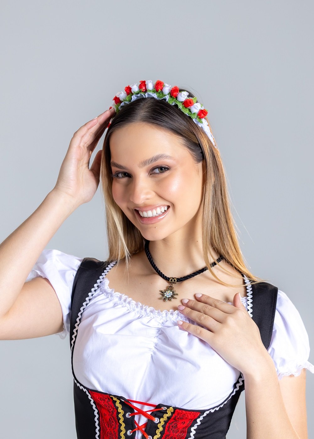 Tiara de Flores Duplas - Rosa Claro e Branco